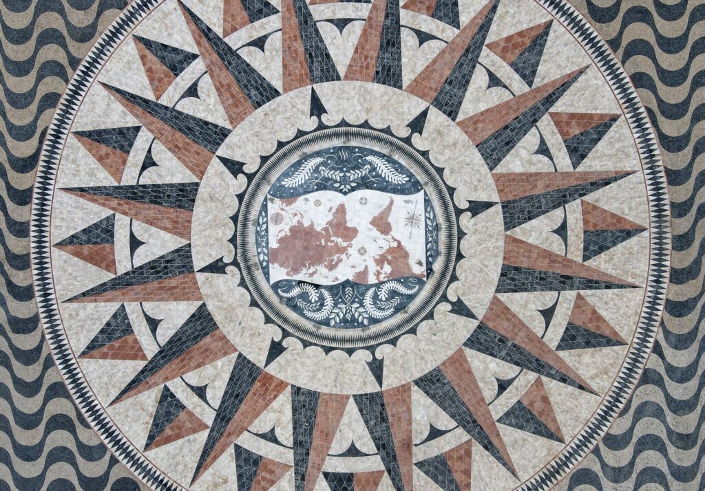 wind rose mosaic with world map in lisbon